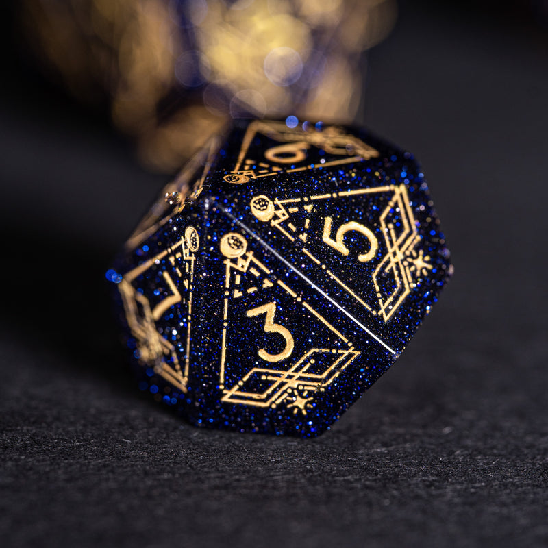 URWizards Dnd Blue Sandstone Engraved Dice Set Astrology Style Gold Inked - Urwizards