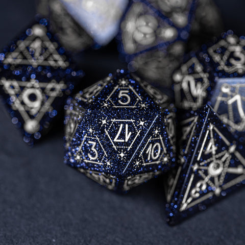 URWizards Dnd Blue Sandstone Engraved Dice Set Astrology Style Silver Inked - Urwizards