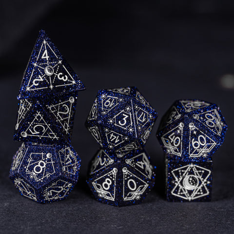 URWizards Dnd Blue Sandstone Engraved Dice Set Astrology Style Silver Inked - Urwizards