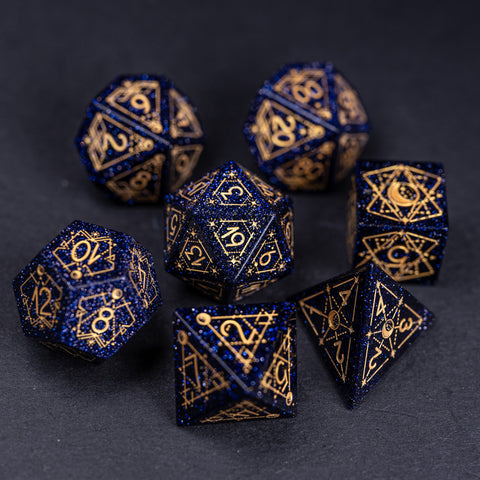 URWizards Dnd Blue Sandstone Engraved Dice Set Astrology Style Gold Inked - Urwizards