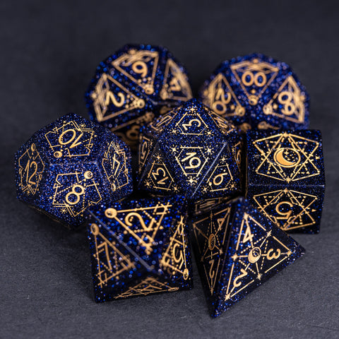 URWizards Dnd Blue Sandstone Engraved Dice Set Astrology Style Gold Inked - Urwizards