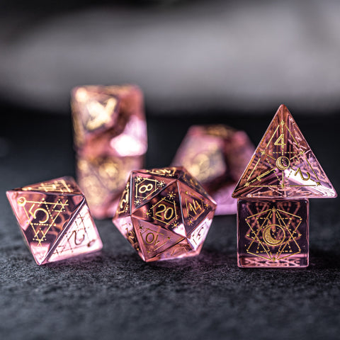URWizards Dnd Pink Glass Engraved Dice Set Astrology Style - Urwizards