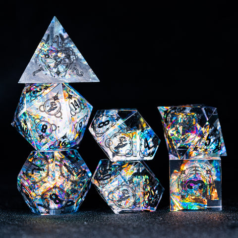 URWizards D&D Resin Opal Glitter Engraved Dice Set Wizard Style - Urwizards