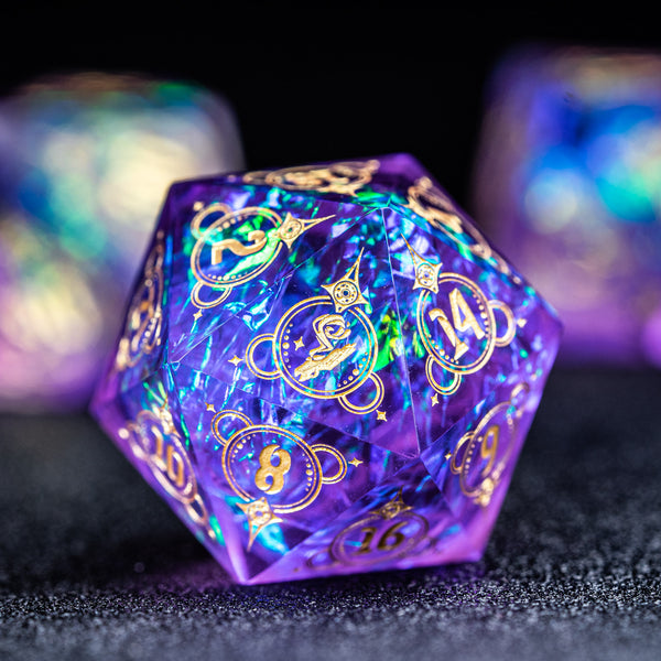 URWizards D&D Resin Purple Glitter Engraved Dice Set Wizard Style