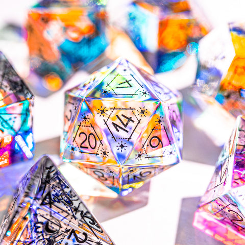 URWizards Dnd Dichroic Glass Engraved Dice Set Astrology Black Inked - Urwizards