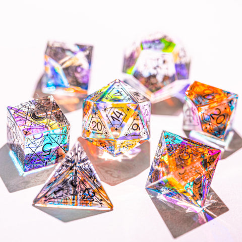 URWizards Dnd Dichroic Glass Engraved Dice Set Astrology Black Inked - Urwizards
