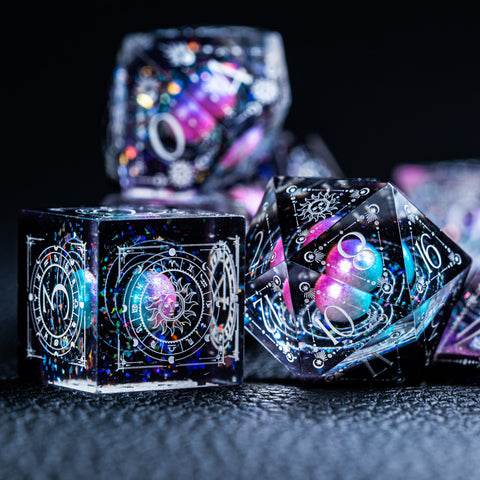 URWizards D&D Resin Dawn Glitter Engraved Dice Set Tarot Style - Urwizards