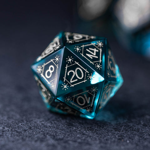 URWizards Dnd Blue Glass Engraved Dice Set Astrology Style Silver Inked - Urwizards