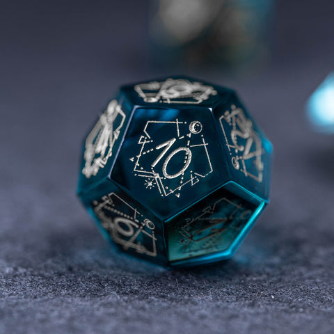 URWizards Dnd Blue Glass Engraved Dice Set Astrology Style Silver Inked - Urwizards