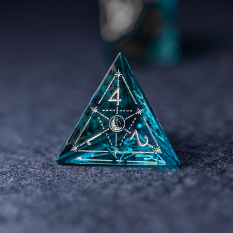URWizards Dnd Blue Glass Engraved Dice Set Astrology Style Silver Inked - Urwizards