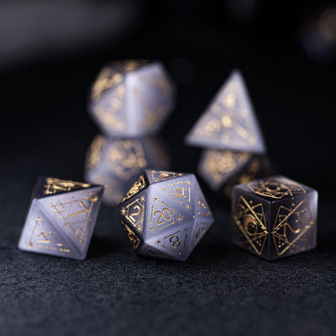 URWizards Dnd Grey Cat's Eye Stone Engraved Dice Set Astrology Style - Urwizards