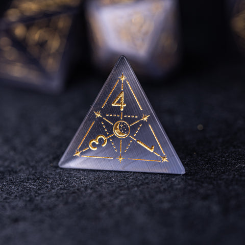 URWizards Dnd Grey Cat's Eye Stone Engraved Dice Set Astrology Style - Urwizards