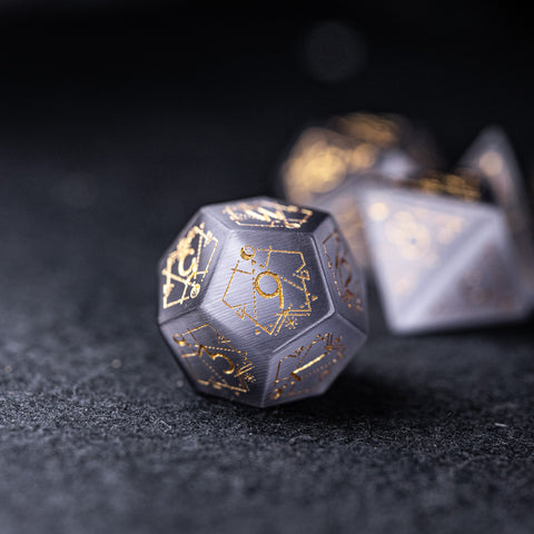 URWizards Dnd Grey Cat's Eye Stone Engraved Dice Set Astrology Style - Urwizards