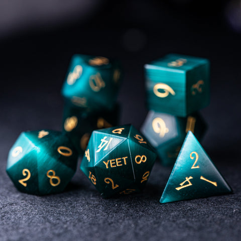 URWizards Dnd Green Cat's Eye Engraved Dice Set Yeet & F*ck - Urwizards