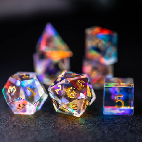 URWizards Dnd Dichroic Prism Glass Engraved Dice Set Dragon Style - Urwizards