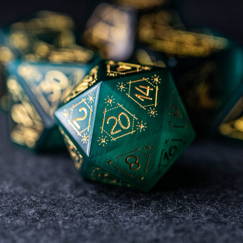 URWizards Dnd Green Cat's Eye Stone Engraved Dice Set Astrology Style - Urwizards