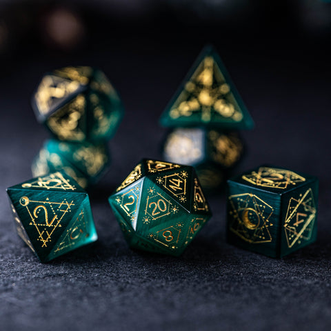 URWizards Dnd Green Cat's Eye Stone Engraved Dice Set Astrology Style - Urwizards