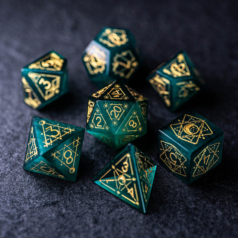 URWizards Dnd Green Cat's Eye Stone Engraved Dice Set Astrology Style - Urwizards