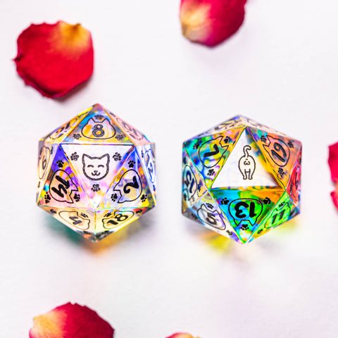 URWizards Dnd Engraved Dichroic Prism Glass Dice Set Meow Style - Urwizards