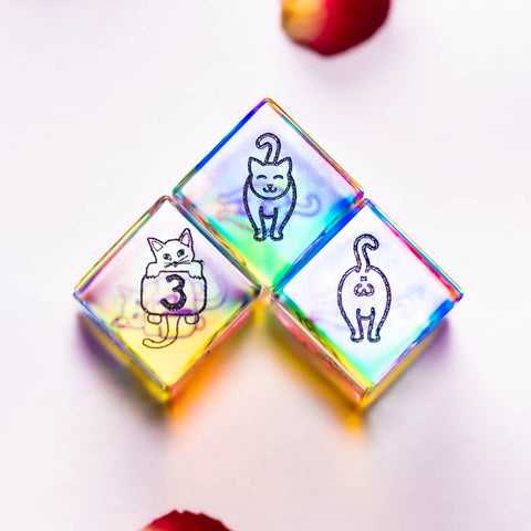 URWizards Dnd Engraved Dichroic Prism Glass Dice Set Meow Style - Urwizards