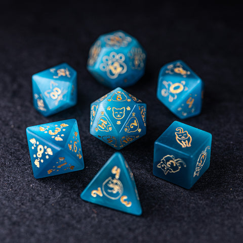 URWizards Dnd Engraved Aqua Cat's Eye Dice Set Meow Style - Urwizards