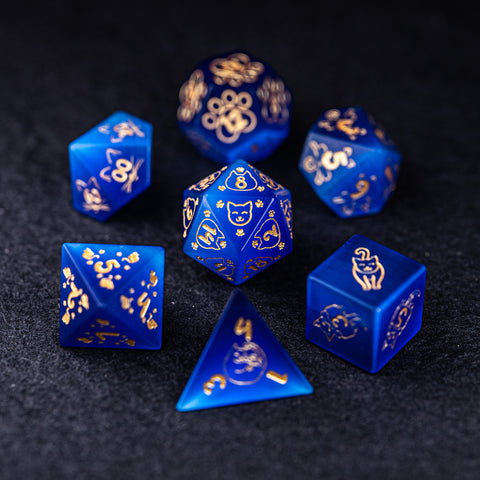 URWizards Dnd Engraved Blue Cat's Eye Dice Set Meow Style - Urwizards
