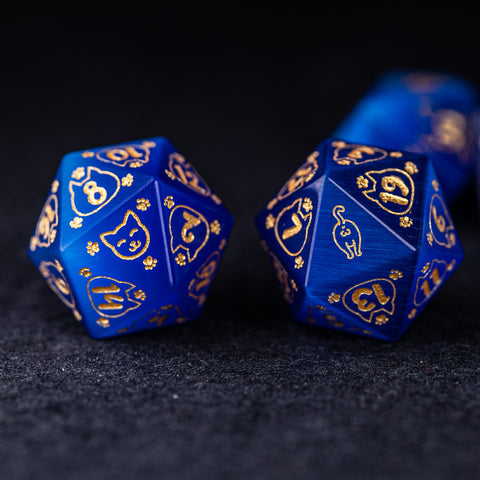 URWizards Dnd Engraved Blue Cat's Eye Dice Set Meow Style - Urwizards