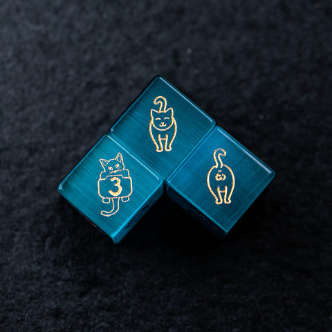 URWizards Dnd Engraved Aqua Cat's Eye Dice Set Meow Style - Urwizards