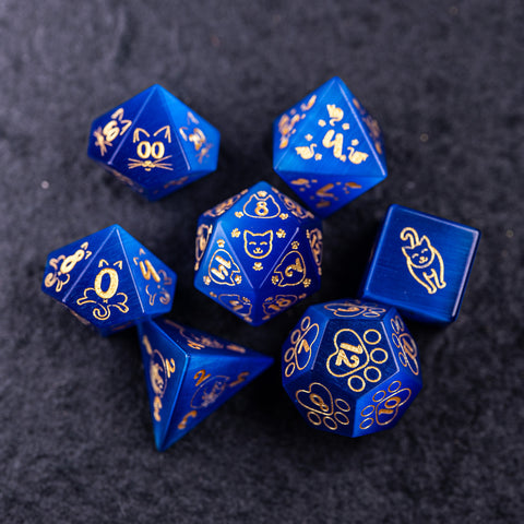 URWizards Dnd Engraved Blue Cat's Eye Dice Set Meow Style - Urwizards