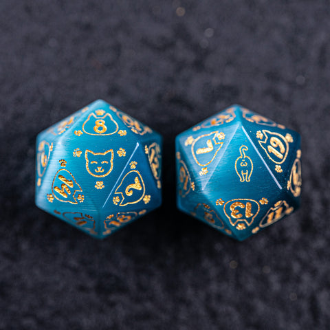 URWizards Dnd Engraved Aqua Cat's Eye Dice Set Meow Style - Urwizards