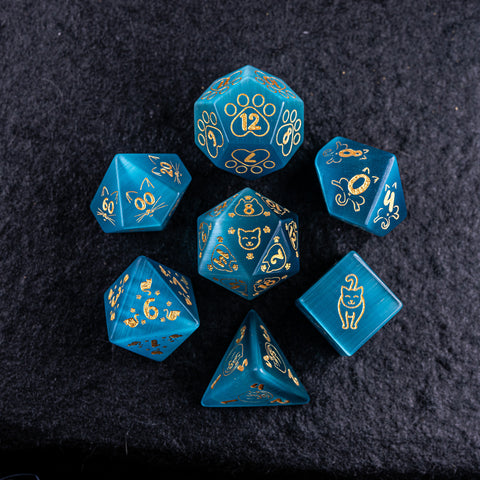URWizards Dnd Engraved Aqua Cat's Eye Dice Set Meow Style - Urwizards