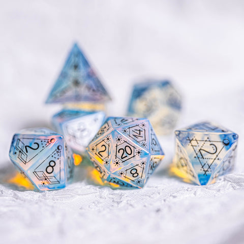 URWizards Dnd Opalite Engraved Dice Set Astrology Style Black Inked - Urwizards