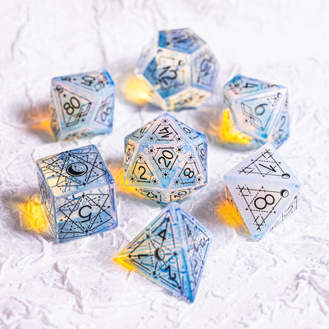 URWizards Dnd Opalite Engraved Dice Set Astrology Style Black Inked - Urwizards