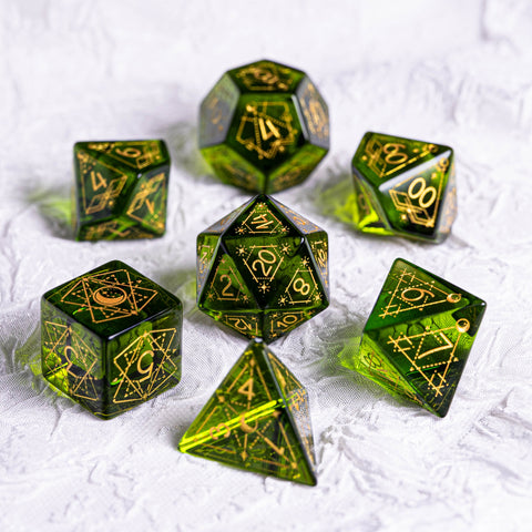 URWizards Dnd Peridot Glass Engraved Dice Set Astrology Style - Urwizards