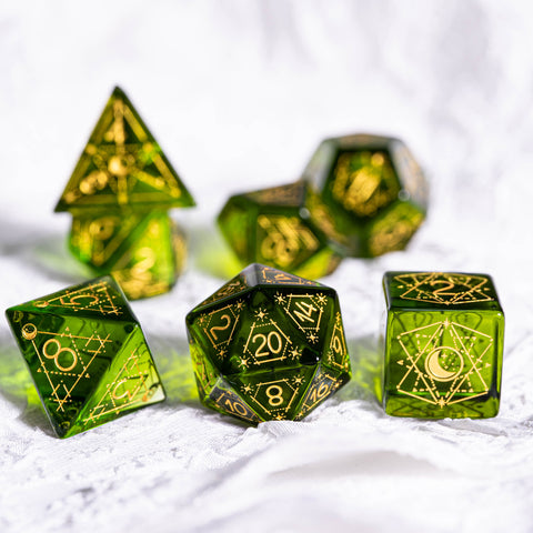 URWizards Dnd Peridot Glass Engraved Dice Set Astrology Style - Urwizards