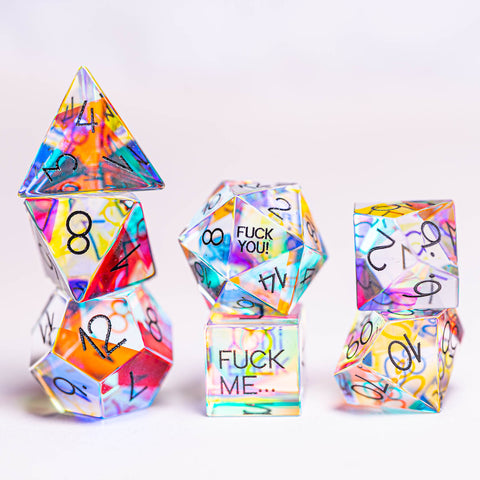 URWizards Dnd Dichroic Prism Glass Engraved Dice Set F*CK Style - Urwizards