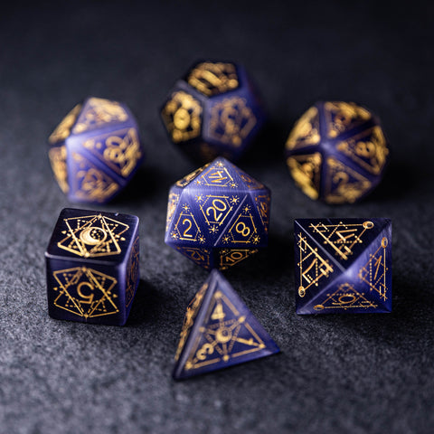 URWizards Dnd Purple Cat's Eye Stone Engraved Dice Set Astrology Style - Urwizards