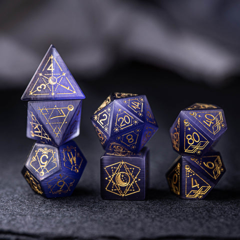 URWizards Dnd Purple Cat's Eye Stone Engraved Dice Set Astrology Style - Urwizards