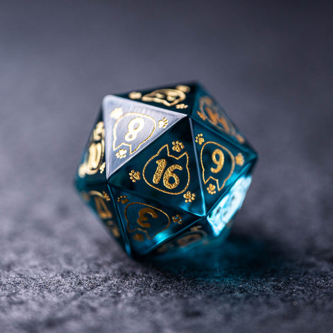 URWizards Dnd Engraved Blue Glass Dice Set Meow Style - Urwizards