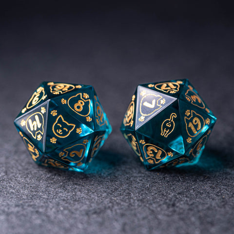 URWizards Dnd Engraved Blue Glass Dice Set Meow Style - Urwizards