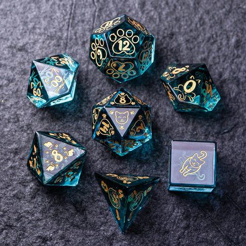 URWizards Dnd Engraved Blue Glass Dice Set Meow Style - Urwizards