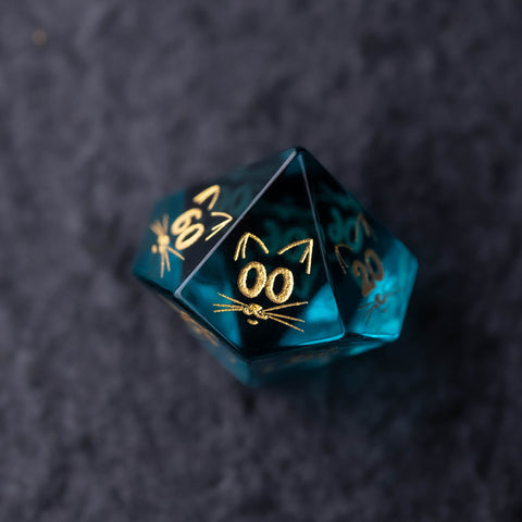 URWizards Dnd Engraved Blue Glass Dice Set Meow Style - Urwizards