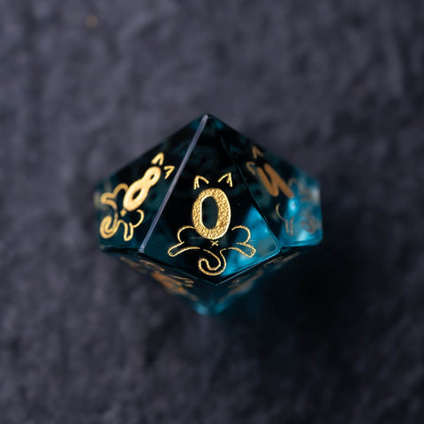 URWizards Dnd Engraved Blue Glass Dice Set Meow Style - Urwizards