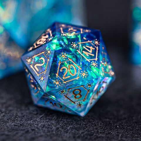 URWizards Dnd Resin Blue Glitter Engraved Dice Set Astrology Style - Urwizards