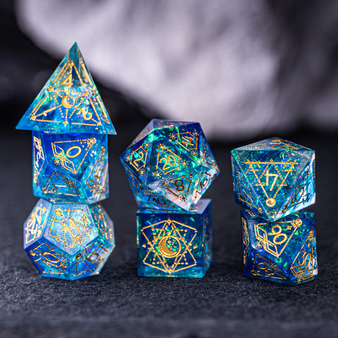 URWizards Dnd Resin Blue Glitter Engraved Dice Set Astrology Style - Urwizards