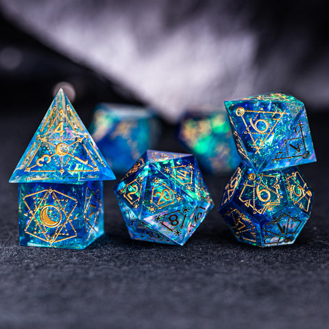 URWizards Dnd Resin Blue Glitter Engraved Dice Set Astrology Style - Urwizards
