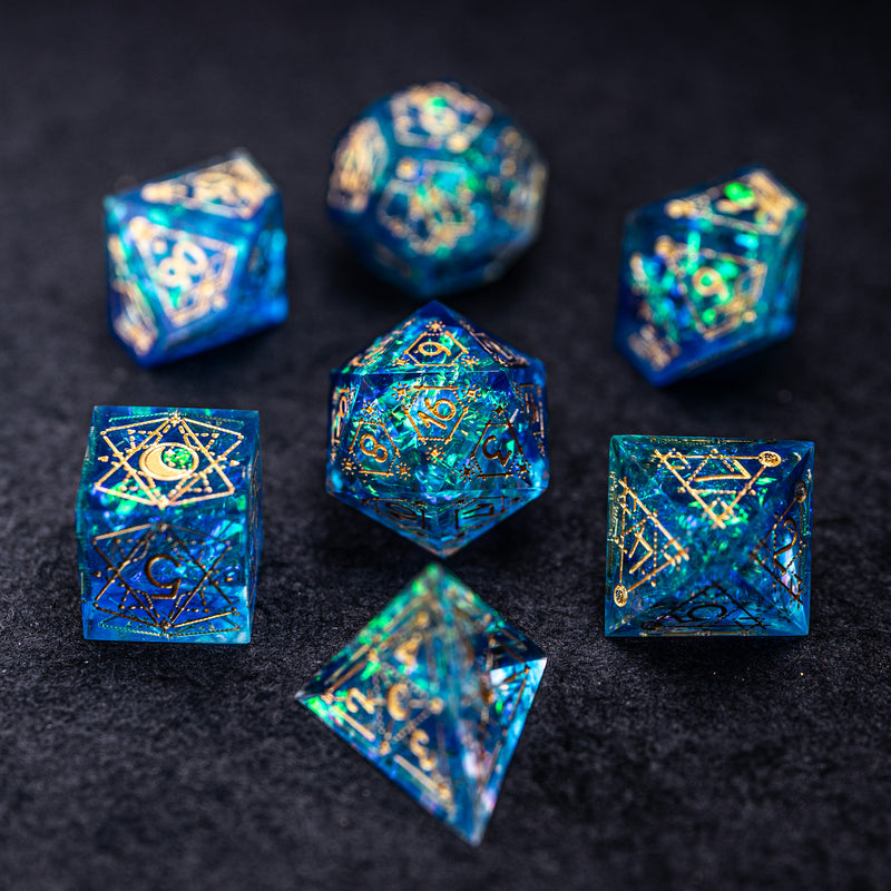 URWizards Dnd Resin Blue Glitter Engraved Dice Set Astrology Style - Urwizards