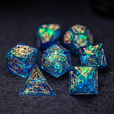 URWizards Dnd Resin Blue Glitter Engraved Dice Set Astrology Style - Urwizards