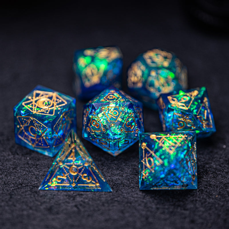 URWizards Dnd Resin Blue Glitter Engraved Dice Set Astrology Style - Urwizards