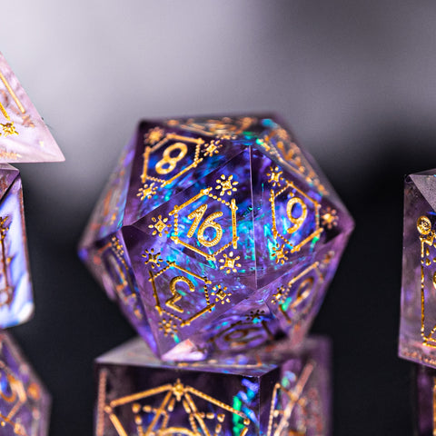 URWizards Dnd Resin Purple Glitter Engraved Dice Set Astrology Style - Urwizards